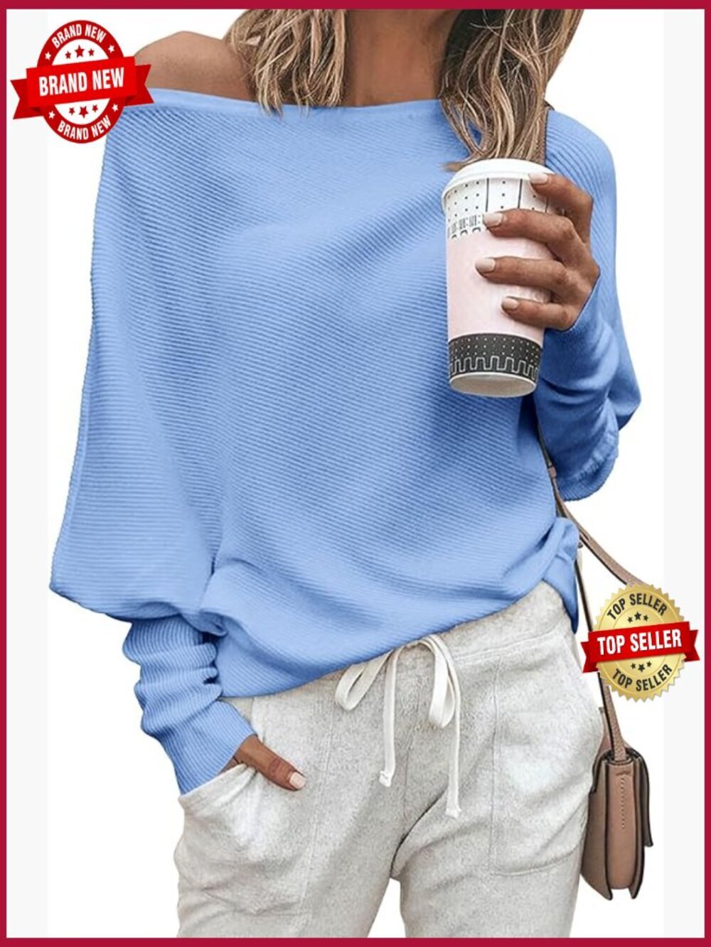 Women's Fall Ribbed Knit Pullover Sweater Off Shoulder Long Batwing Sleeve